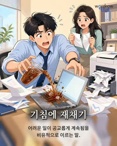 한국어 속담 “기침에 재채기” 1컷 일러스트