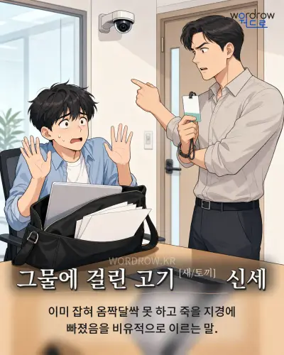 한국어 속담 “그물에 걸린 고기[새/토끼] 신세” 1컷 일러스트