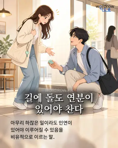 한국어 속담 “길에 돌도 연분이 있어야 찬다” 1컷 일러스트