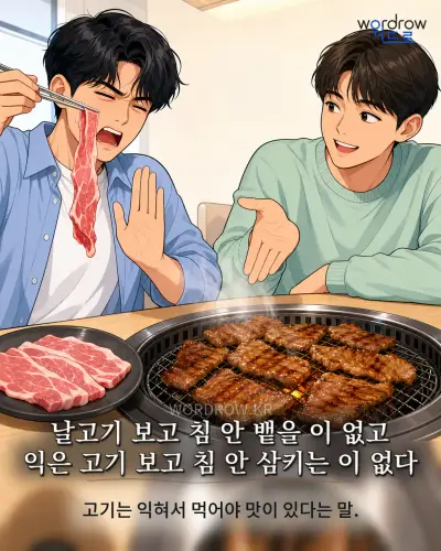 한국어 속담 “날고기 보고 침 안 뱉을 이 없고 익은 고기 보고 침 안 삼키는 이 없다” 1컷 일러스트
