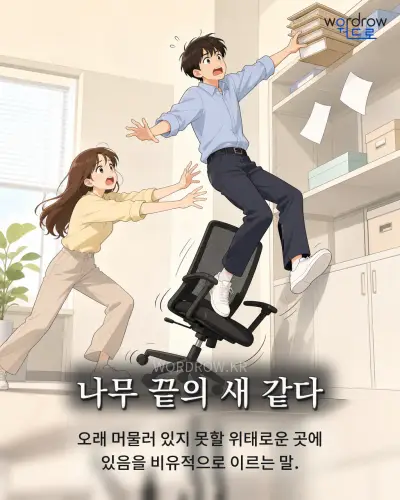 한국어 속담 “나무 끝의 새 같다” 1컷 일러스트