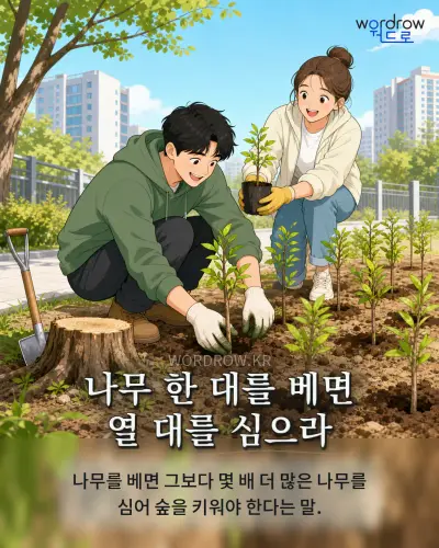 한국어 속담 “나무 한 대를 베면 열 대를 심으라” 1컷 일러스트