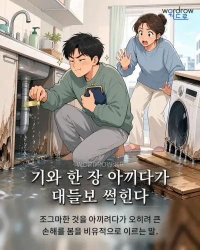 한국어 속담 “기와 한 장 아끼다가 대들보 썩힌다” 1컷 일러스트