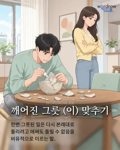 한국어 속담 “깨어진 그릇 (이) 맞추기” 1컷 일러스트