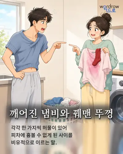 한국어 속담 “깨어진 냄비와 꿰맨 뚜껑” 1컷 일러스트