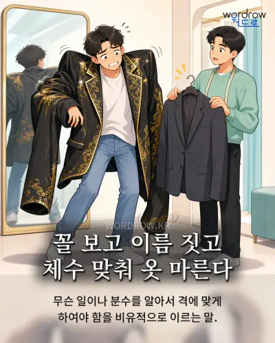 한국어 속담 “꼴 보고 이름 짓고 체수 맞춰 옷 마른다” 1컷 일러스트