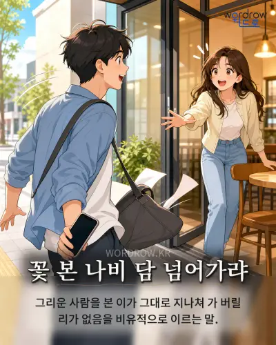 한국어 속담 “꽃 본 나비 담 넘어가랴” 1컷 일러스트