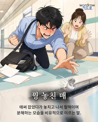 한국어 속담 “꿩 놓친 매” 1컷 일러스트