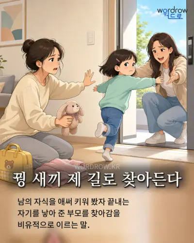한국어 속담 “꿩 새끼 제 길로 찾아든다” 1컷 일러스트