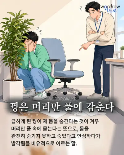 한국어 속담 “꿩은 머리만 풀에 감춘다” 1컷 일러스트