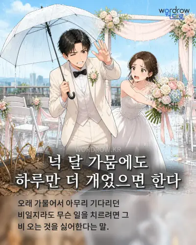 한국어 속담 “넉 달 가뭄에도 하루만 더 개었으면 한다” 1컷 일러스트