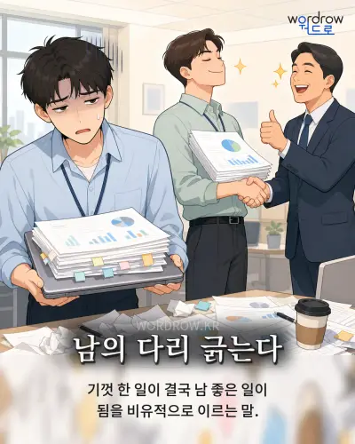 한국어 속담 “남의 다리 긁는다” 1컷 일러스트