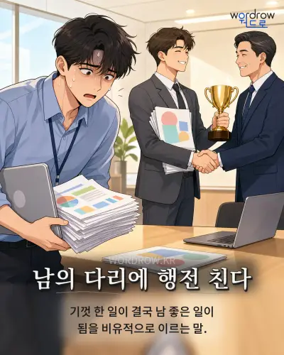 한국어 속담 “남의 다리에 행전 친다” 1컷 일러스트