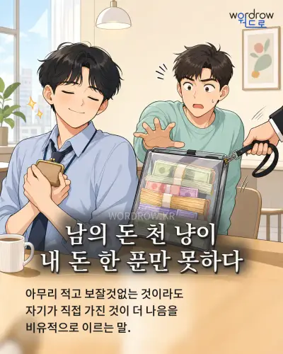 한국어 속담 “남의 돈 천 냥이 내 돈 한 푼만 못하다” 1컷 일러스트