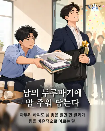 한국어 속담 “남의 두루마기에 밤 주워 담는다” 1컷 일러스트