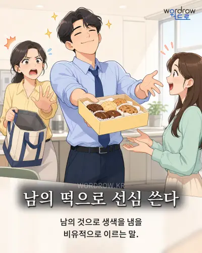 한국어 속담 “남의 떡으로 선심 쓴다” 1컷 일러스트
