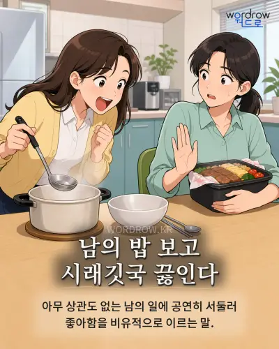 한국어 속담 “남의 밥 보고 시래깃국 끓인다” 1컷 일러스트