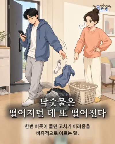 한국어 속담 “낙숫물은 떨어지던 데 또 떨어진다” 1컷 일러스트