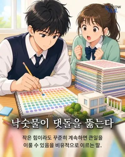한국어 속담 “낙숫물이 댓돌을 뚫는다” 1컷 일러스트