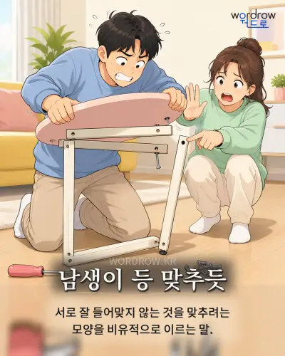 한국어 속담 “남생이 등 맞추듯” 1컷 일러스트