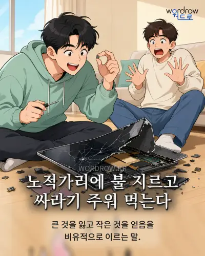 한국어 속담 “노적가리에 불 지르고 싸라기 주워 먹는다” 1컷 일러스트