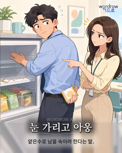 한국어 속담 “눈 가리고 아웅” 1컷 일러스트