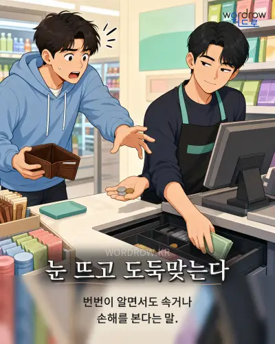 한국어 속담 “눈 뜨고 도둑맞는다” 1컷 일러스트