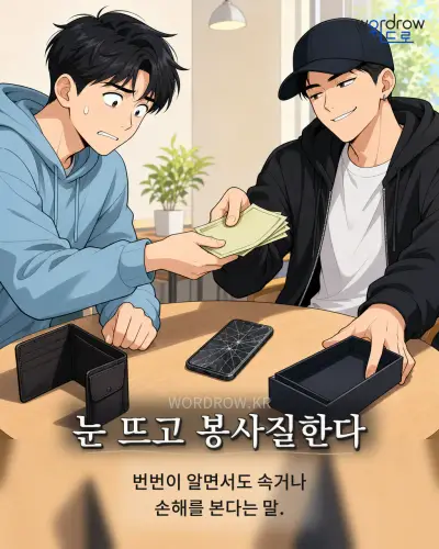 한국어 속담 “눈 뜨고 봉사질한다” 1컷 일러스트