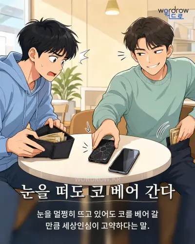 한국어 속담 “눈을 떠도 코 베어 간다” 1컷 일러스트