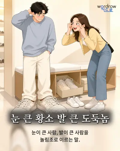 한국어 속담 “눈 큰 황소 발 큰 도둑놈”를 한 장면으로 담은 1컷 일러스트