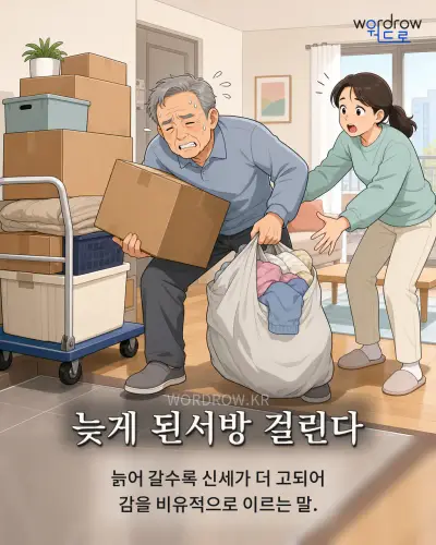 한국어 속담 “늦게 된서방 걸린다” 1컷 일러스트