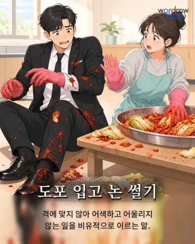 한국어 속담 “도포 입고 논 썰기” 1컷 일러스트
