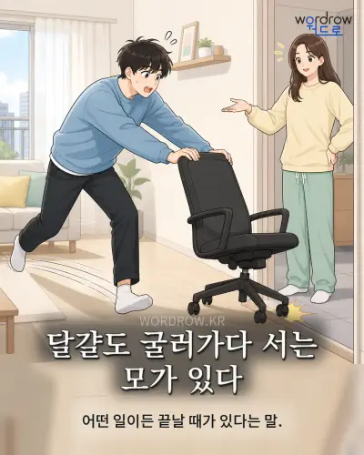 한국어 속담 “달걀도 굴러가다 서는 모가 있다” 1컷 일러스트