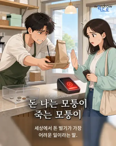 한국어 속담 “돈 나는 모퉁이 죽는 모퉁이”를 한 장면으로 담은 1컷 일러스트
