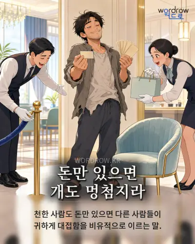 한국어 속담 “돈만 있으면 개도 멍첨지라”를 한 장면으로 담은 1컷 일러스트