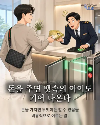 한국어 속담 “돈을 주면 뱃속의 아이도 기어 나온다” 1컷 일러스트