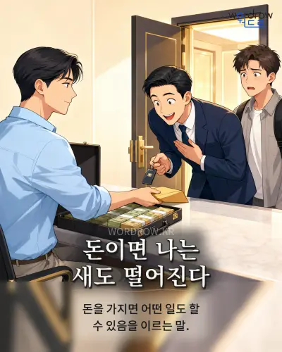 한국어 속담 “돈이면 나는 새도 떨어진다” 1컷 일러스트