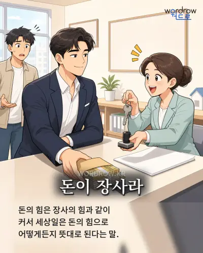 한국어 속담 “돈이 장사라” 1컷 일러스트