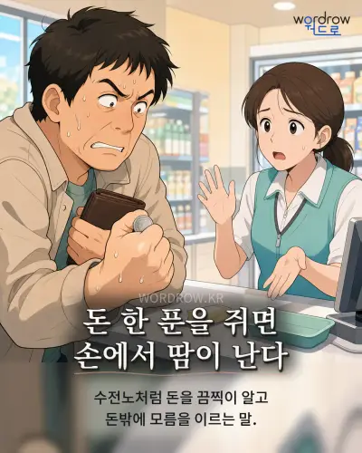 한국어 속담 “돈 한 푼을 쥐면 손에서 땀이 난다” 1컷 일러스트