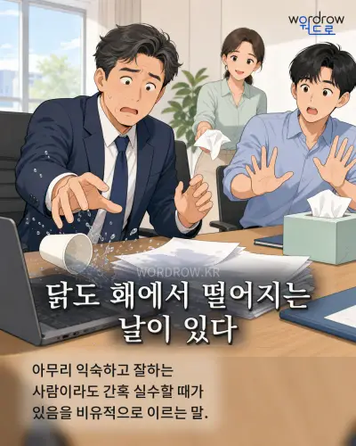 한국어 속담 “닭도 홰에서 떨어지는 날이 있다” 1컷 일러스트