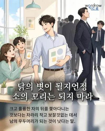 한국어 속담 “닭의 볏이 될지언정 소의 꼬리는 되지 마라” 1컷 일러스트