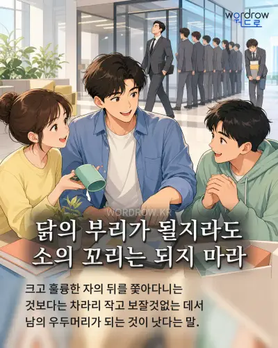 한국어 속담 “닭의 부리가 될지라도 소의 꼬리는 되지 마라” 1컷 일러스트