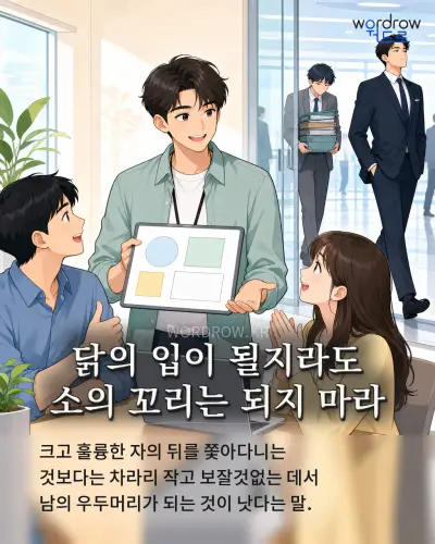 한국어 속담 “닭의 입이 될지라도 소의 꼬리는 되지 마라” 1컷 일러스트