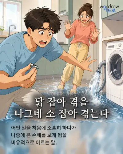 한국어 속담 “닭 잡아 겪을 나그네 소 잡아 겪는다” 1컷 일러스트