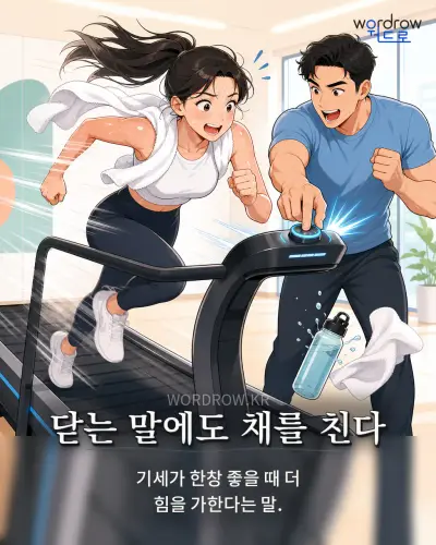 한국어 속담 “닫는 말에도 채를 친다”를 한 장면으로 담은 1컷 일러스트