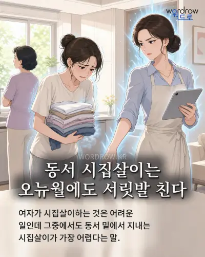한국어 속담 “동서 시집살이는 오뉴월에도 서릿발 친다” 1컷 일러스트