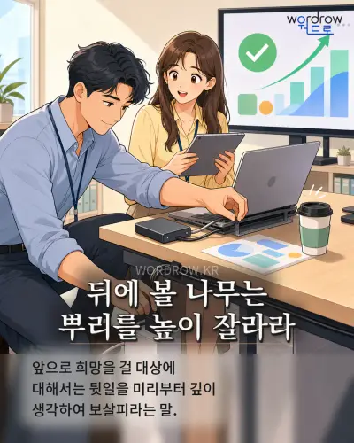 한국어 속담 “뒤에 볼 나무는 뿌리를 높이 잘라라” 1컷 일러스트