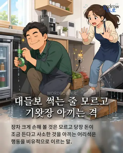 한국어 속담 “대들보 썩는 줄 모르고 기왓장 아끼는 격” 1컷 일러스트