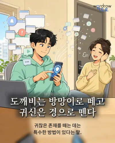 한국어 속담 “도깨비는 방망이로 떼고 귀신은 경으로 뗀다” 1컷 일러스트
