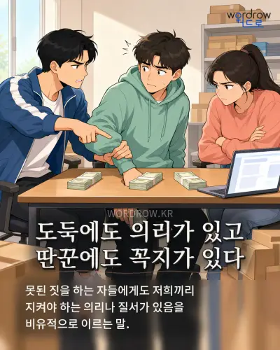 한국어 속담 “도둑에도 의리가 있고 딴꾼에도 꼭지가 있다” 1컷 일러스트